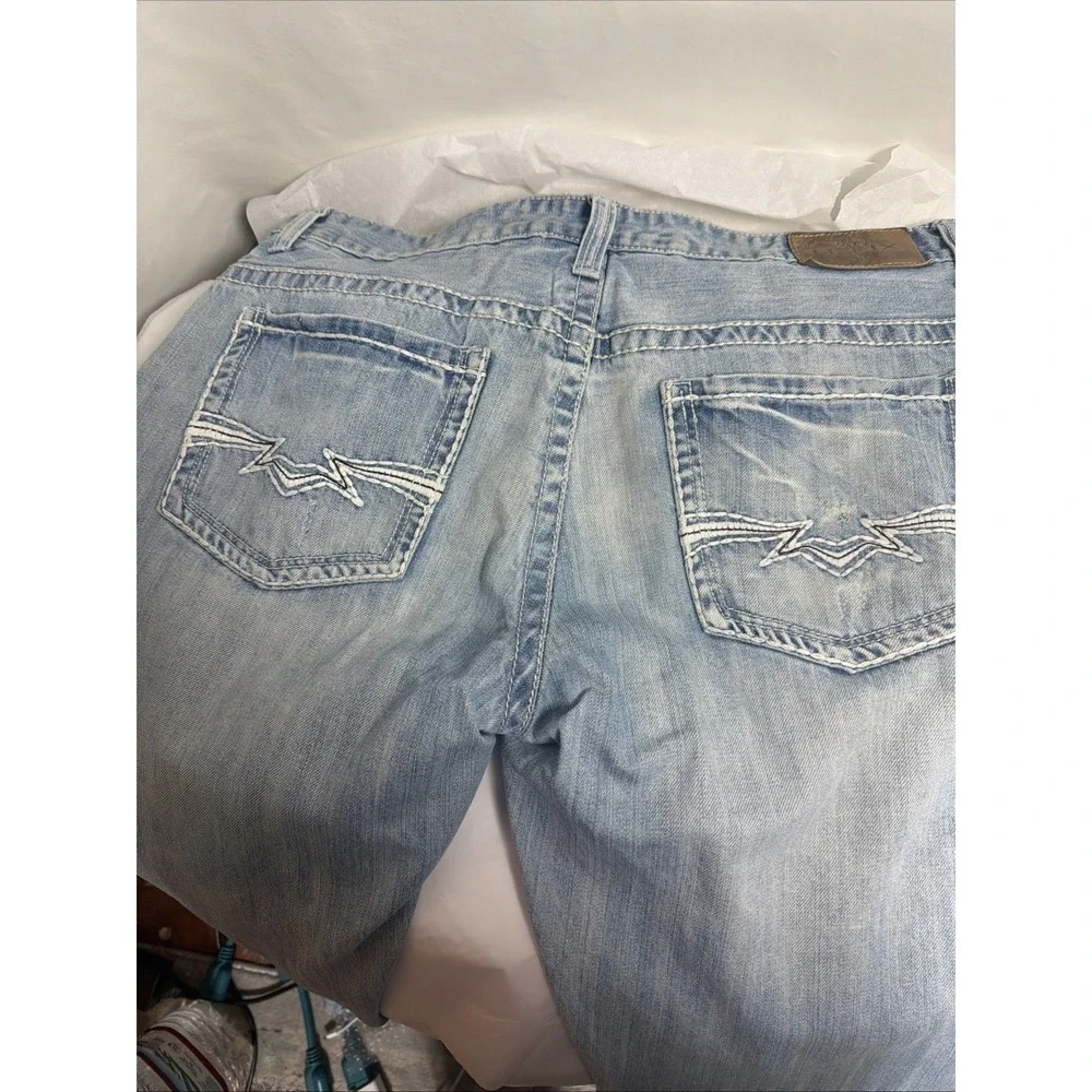 Helix‎ Mens Jeans 36x34 Boot Cut Medium Wash whiskered Stylish Fray 5 Pocket